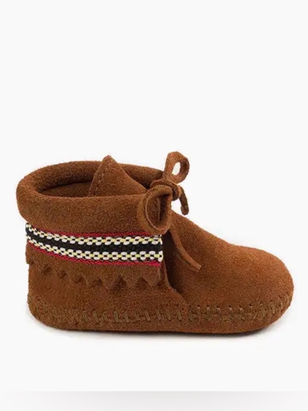 Minnetonka Baby Brown Suede Moccasins with Multicolor Trim - tribal - size 2
